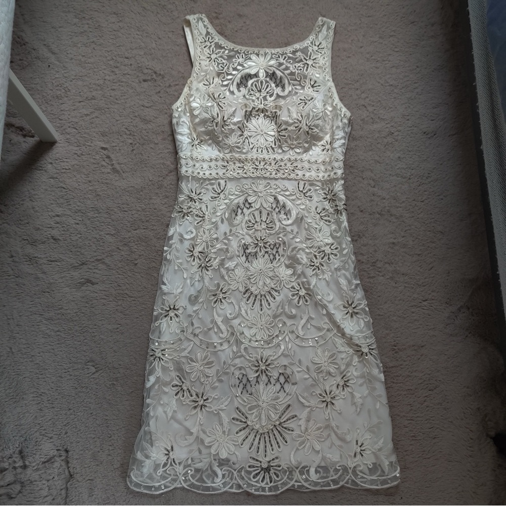 Sue Wong Nocturne White Beaded Lace Sheath Pencil Dress Sleeveless Cocktail Sz 2